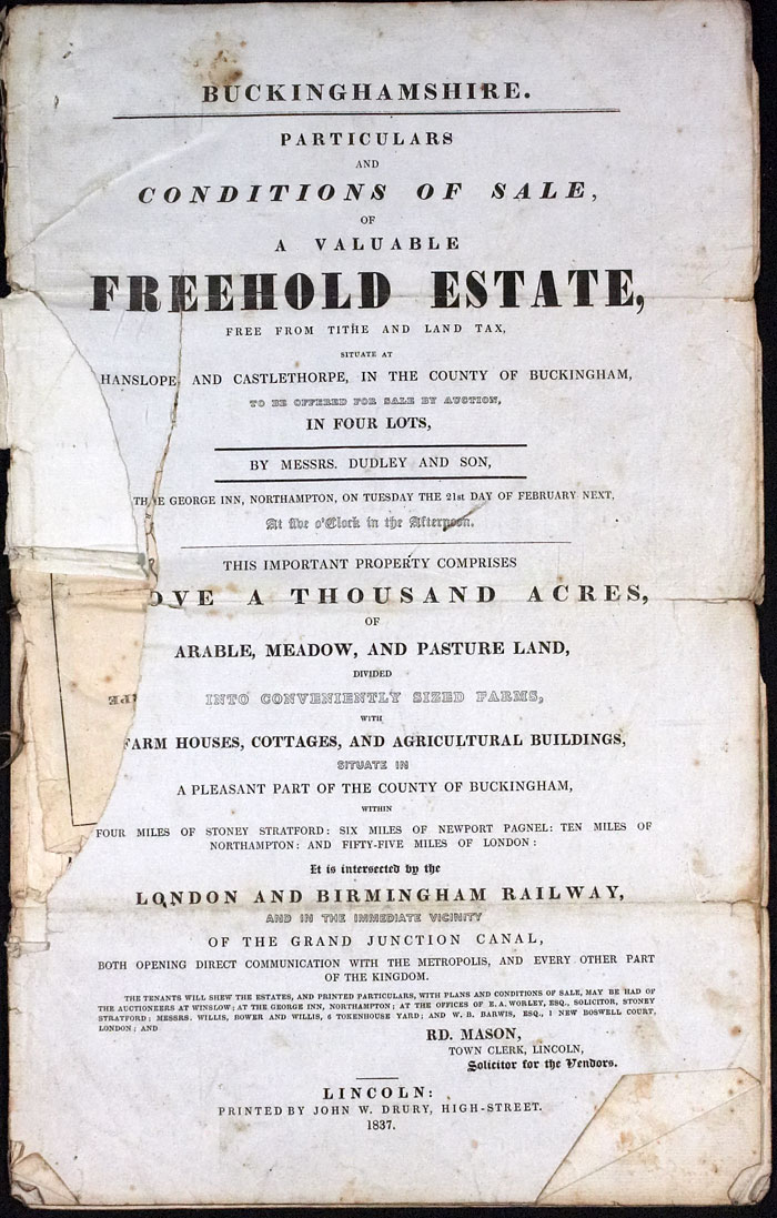 Particulars of Sale 1837, page 1, frontpiece