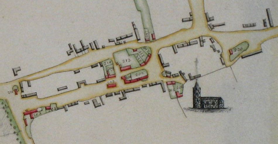 1779 Watts Survey: enlargement of village centre from map opposite page 17